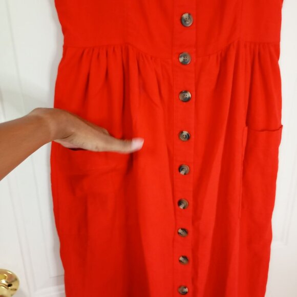 American Eagle Red Sleeveless Button-Front Midi Dress Size M Cotton, Linen Blend - Picture 3 of 13